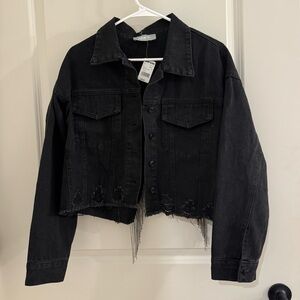 Blue B Collection Cropped Black Denim Jacket with Rhinestone Fringe